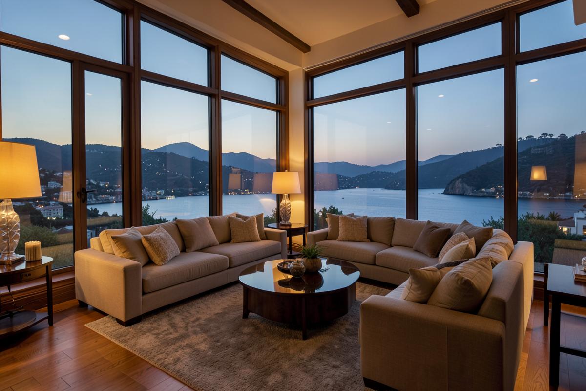 Living room with floor-to-ceiling windows overlooking the bay at dusk
